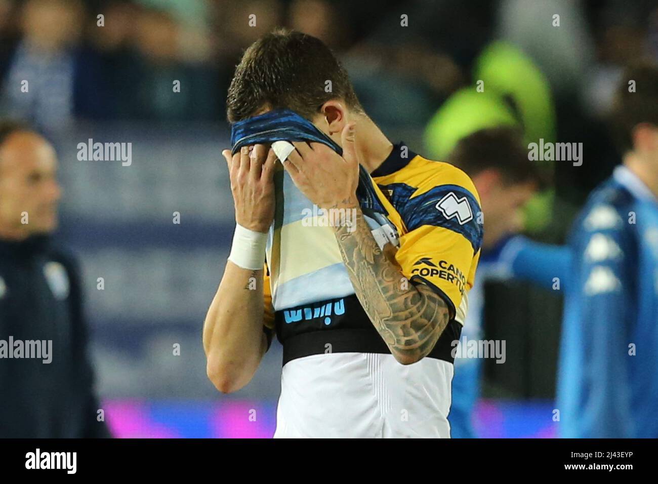 Brescia, Italy. 11th Apr, 2022. Enrico Delprato of PARMA CALCIO reacts during the Serie B match between Brescia Calcio and Parma Calcio at Stadio Mario Rigamonti on April 11, 2022 in Brescia, Italy. Credit: Independent Photo Agency/Alamy Live News Stock Photo