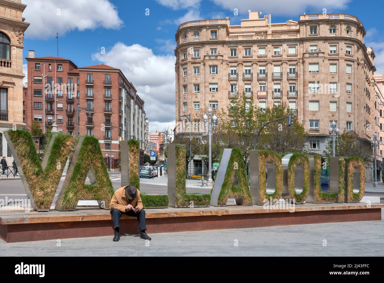 name of Valladolid in the Plaza de Zorrilla with the building of the Cavalry Academy as a backdrop, touristic postcard of the city, Castilla y Leon. Stock Photo