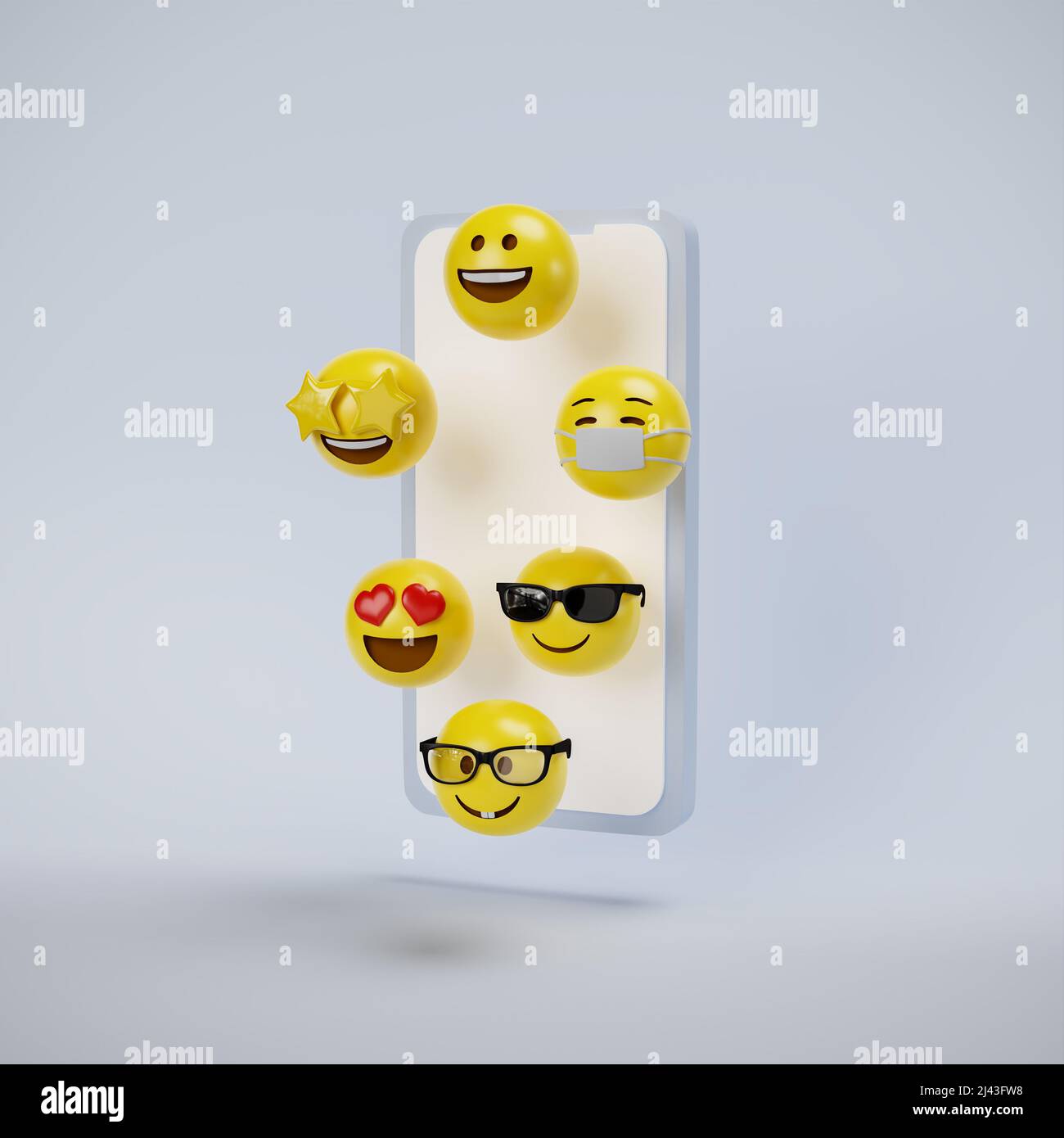 Cartoon style 3d image of emojis escaping a smartphone Stock Photo