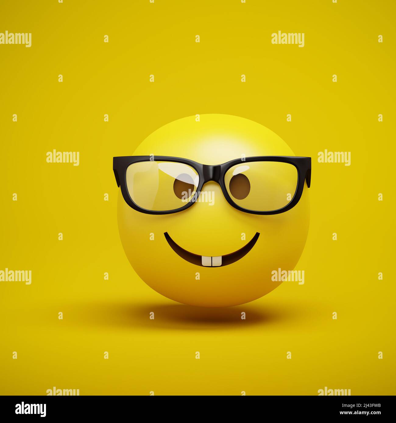 3d render of an emoji smiley with a nerd face with glasses. Stock Photo