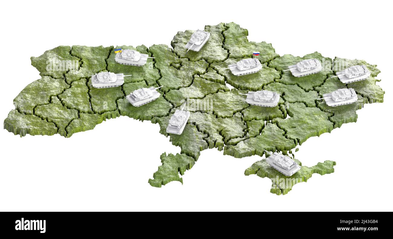 Russian and Ukrainian tanks on map of Ukraine. Military conflict concept. 3D illustration Stock Photo