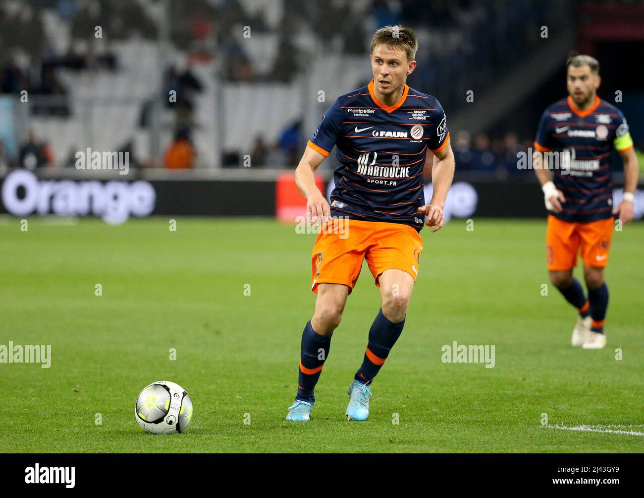 Arnaud Souquet of Montpellier during the French championship Ligue 1  football match between Olympique de Marseille (OM) and Montpellier HSC  (MHSC) on April 10, 2022 at Stade Velodrome in Marseille, France -