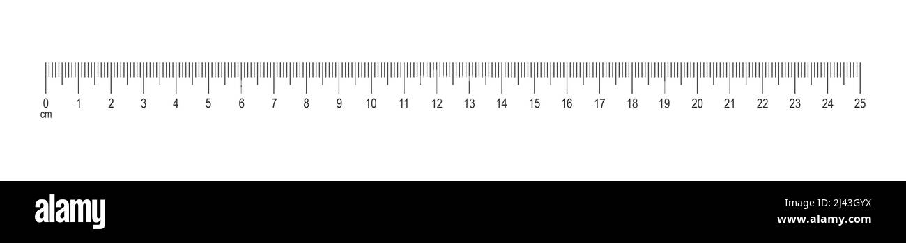 25 cm ruler scale. Distance, height or length measurement tool template with centimeters and millimeters markup and numbers isolated on white background. Vector outline illustration Stock Vector