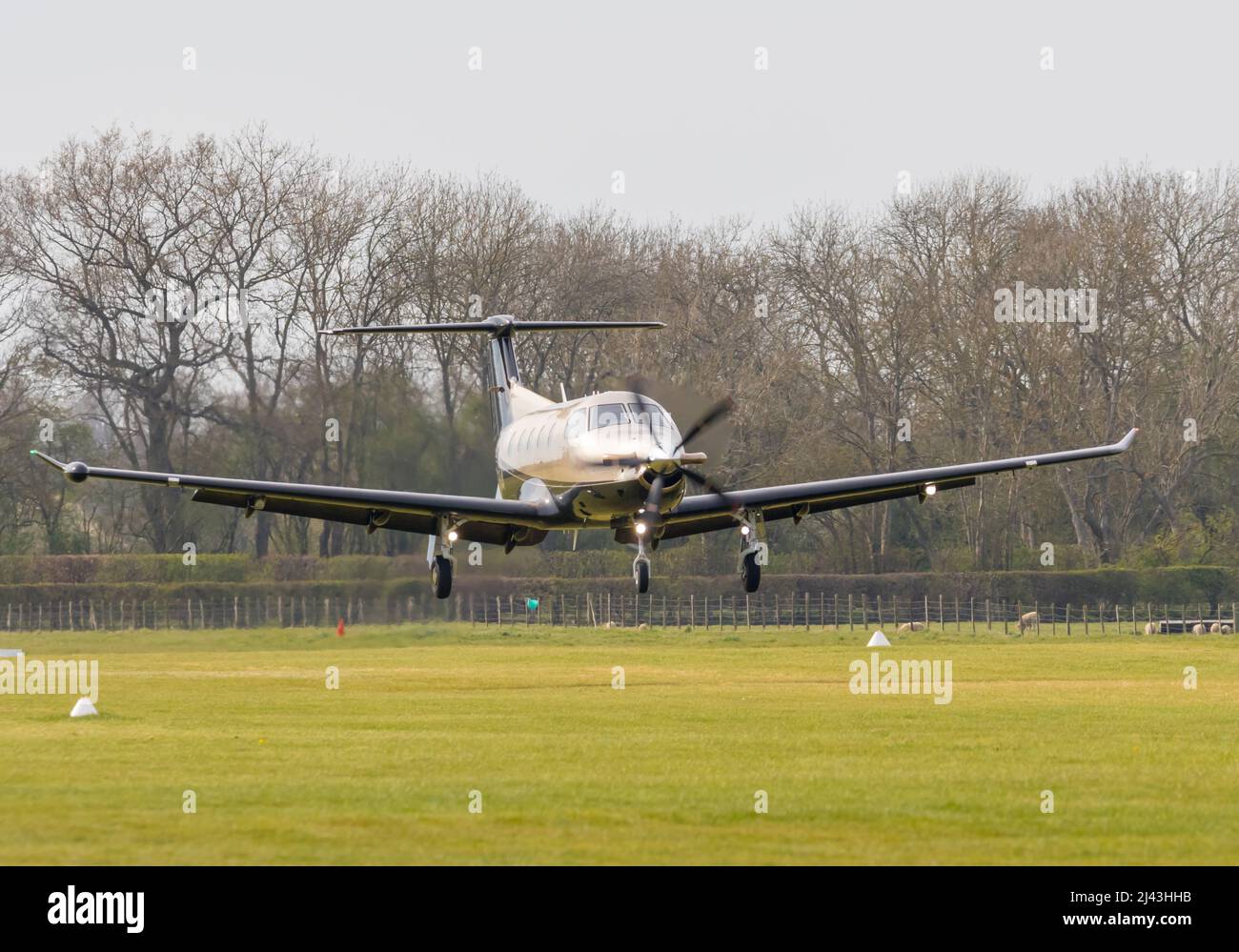 Pilatus PC-12 Aircraft G-KPHA departs from Headcorn airport Kent for its one hour flight to Leeds Bradford. Stock Photo