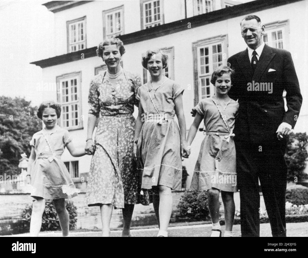Left to Right: Queen Ann-Marie, wife of King Constantine of Greece, Queen Ingrid of Denmark, Queen Margrethe of Denmark, Princess Benedikte, King Frederick the 9th of Denmark. June 1, 1953. (Photo by Universal Pictorial Press). Stock Photo