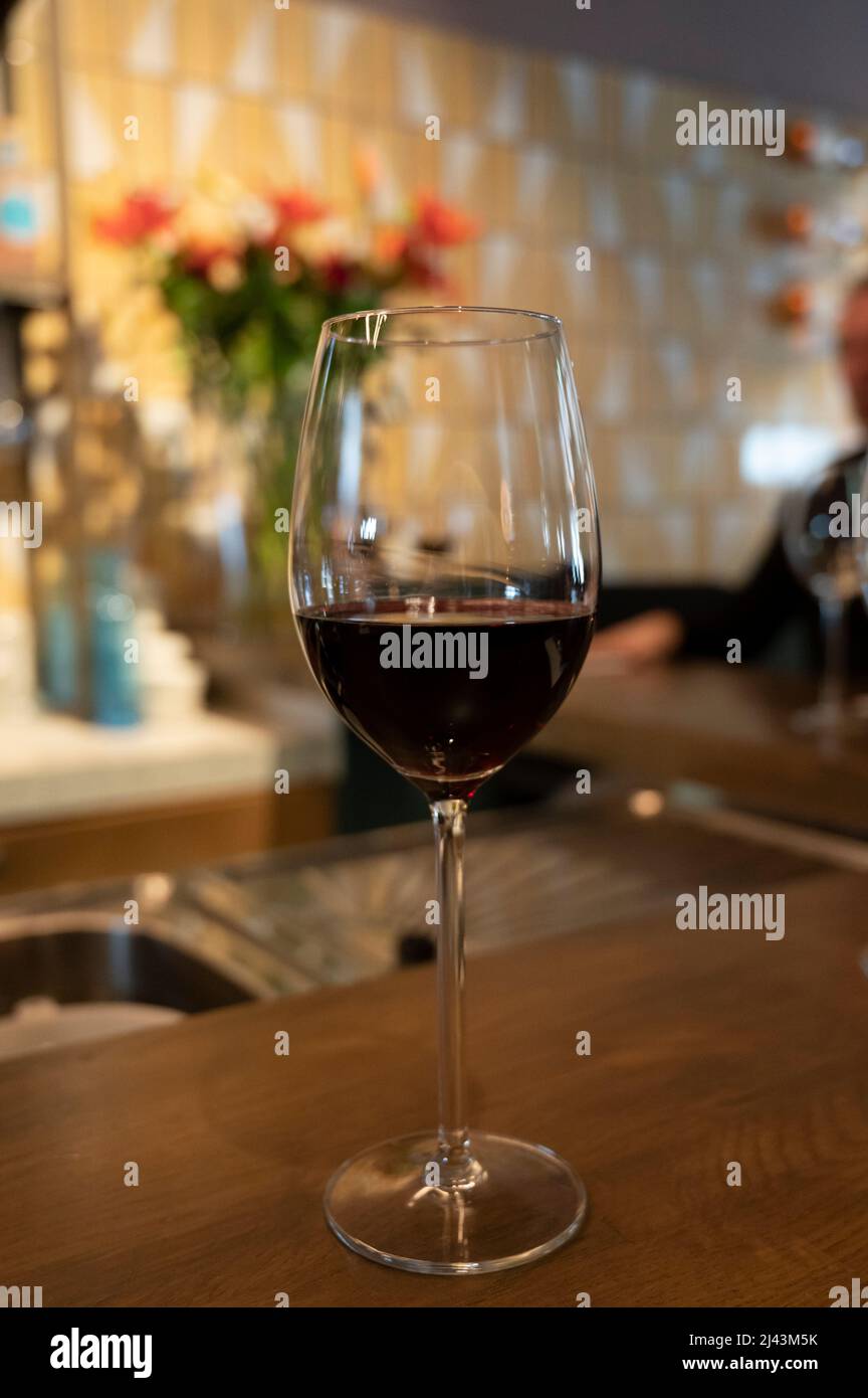 Tasting of dry Spanish tempranillo red wine in Spanish bogeda