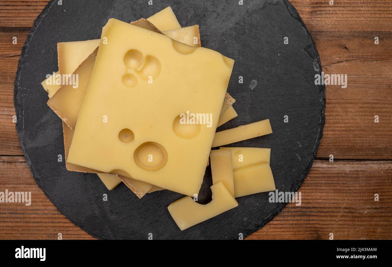 Swiss cheese collection, emmentaler with holes, gruyere, appenzeller ...