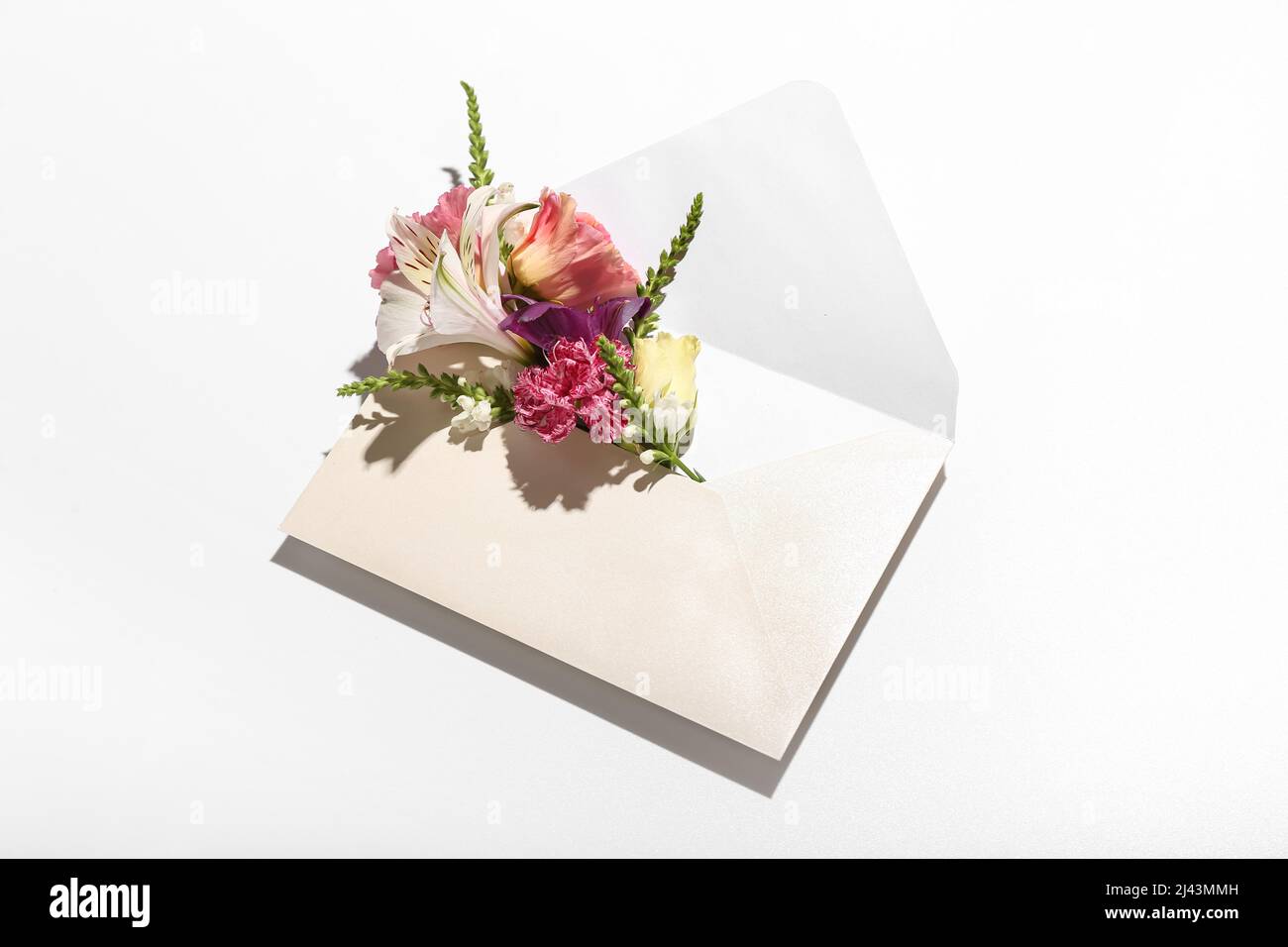 Composition with envelope and different flowers on white background Stock Photo