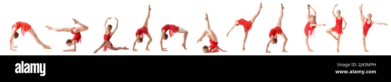 Set of beautiful young woman doing gymnastics on white background Stock ...