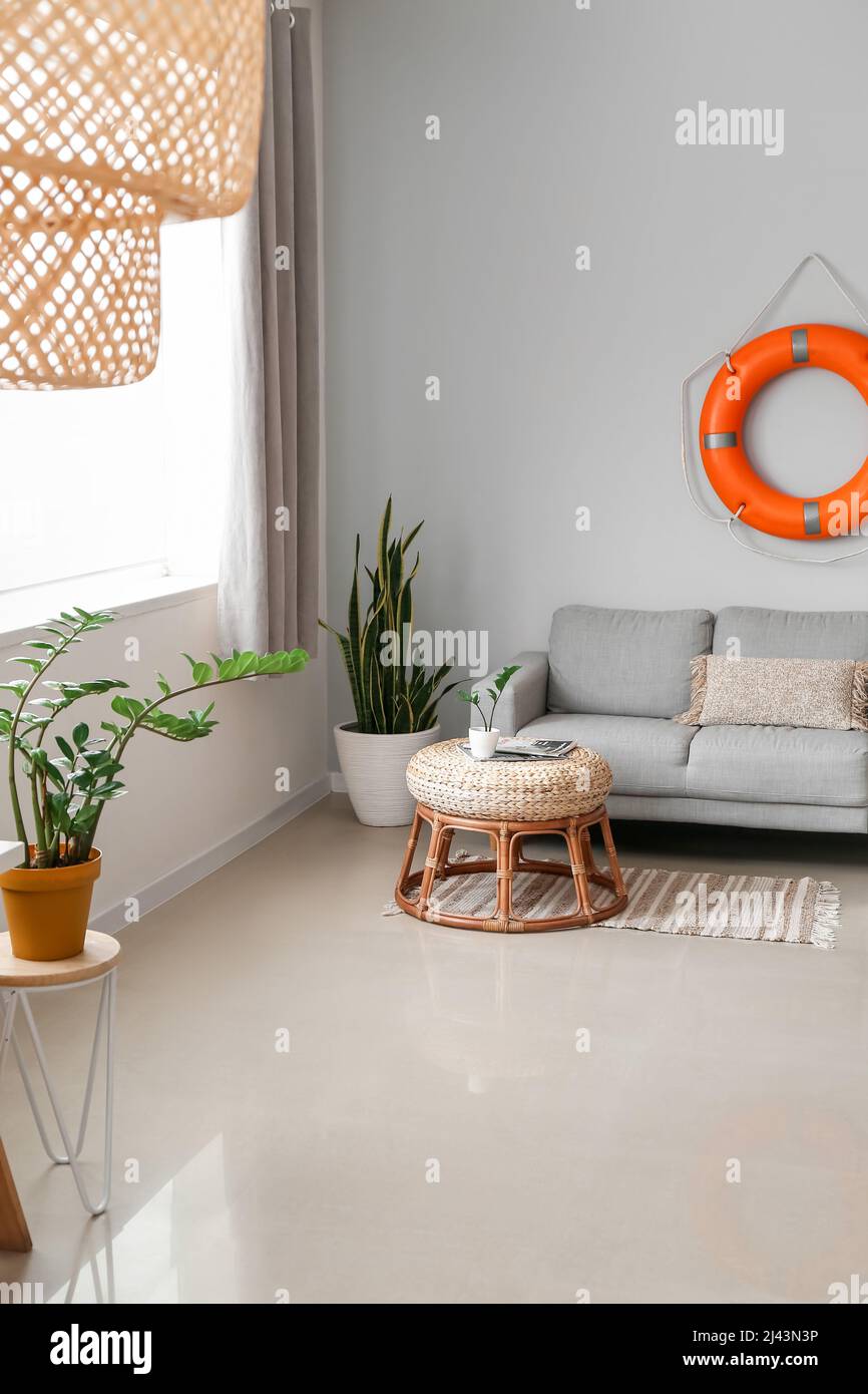 Interior of modern living room with lifebuoy, sofa and houseplants ...
