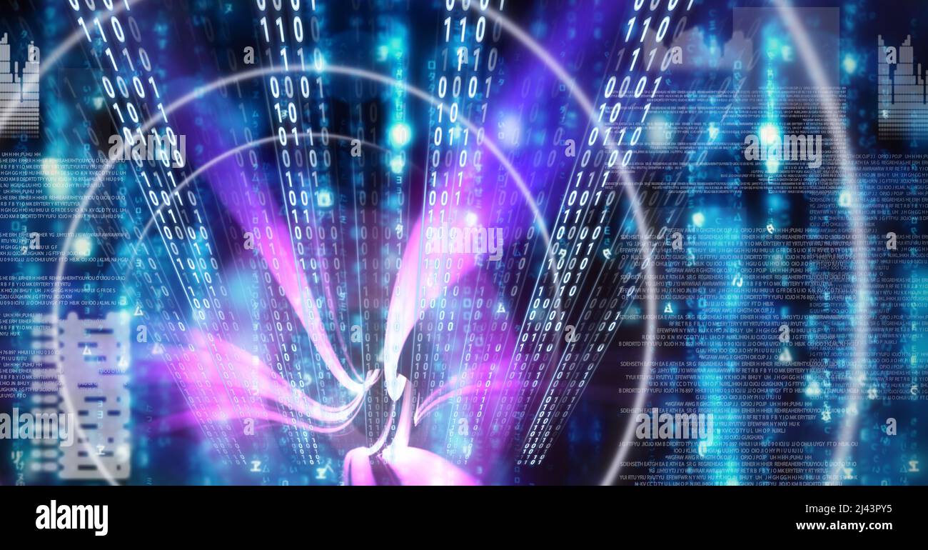 Digital wave over binary coding data processing on blue background ...