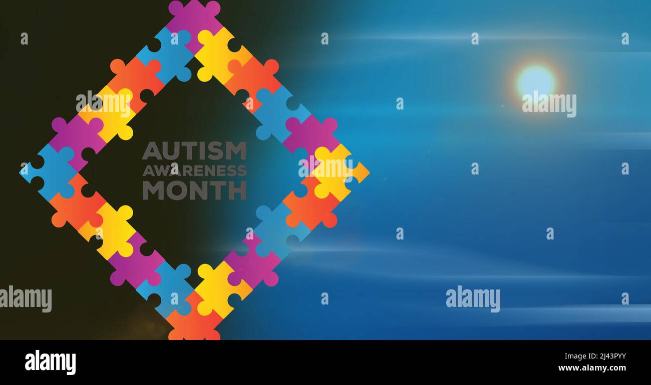 Autism awareness month text over jigsaw puzzle banner against blue ...