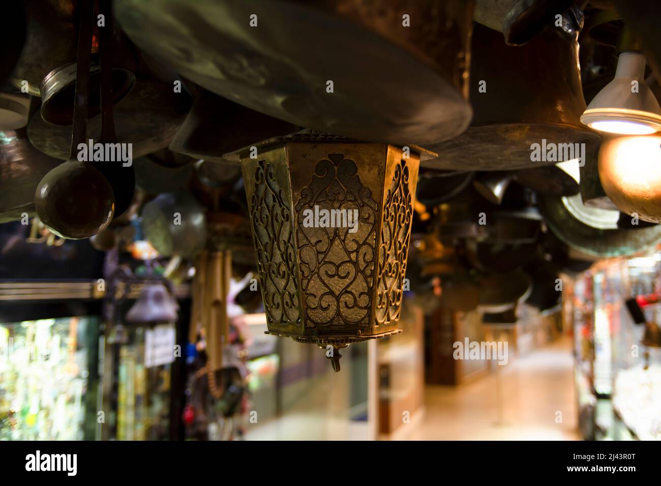 Old fashioned multicolored lamp old vintage hanging, from the ceiling