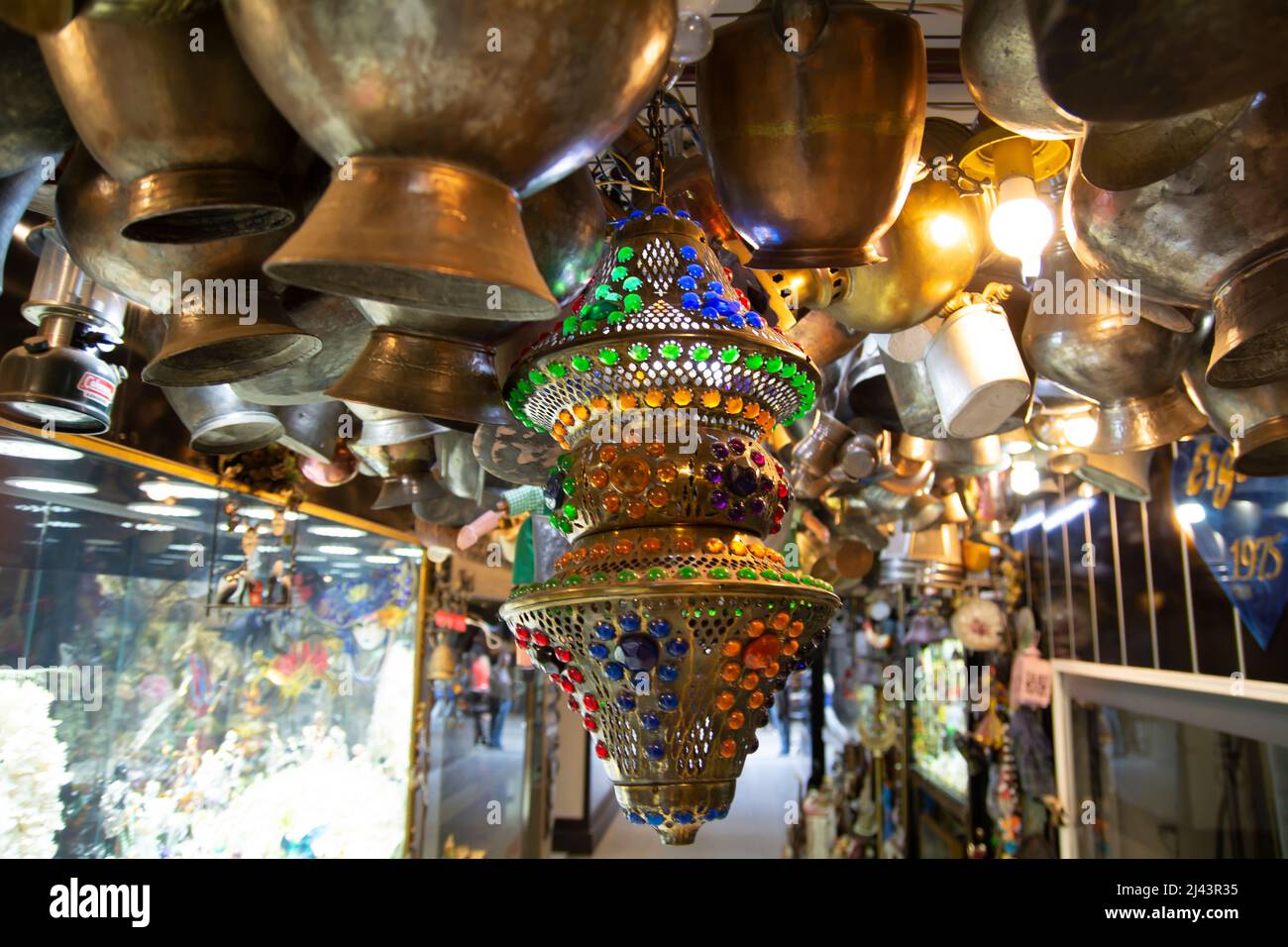 Old fashioned multicolored lamp old vintage hanging, from the ceiling