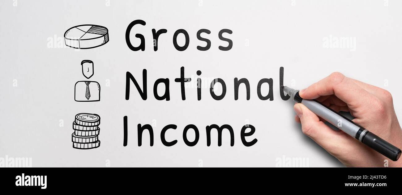 Acronym GNI or Gross National Income. Person writes text with a marker. Stock Photo