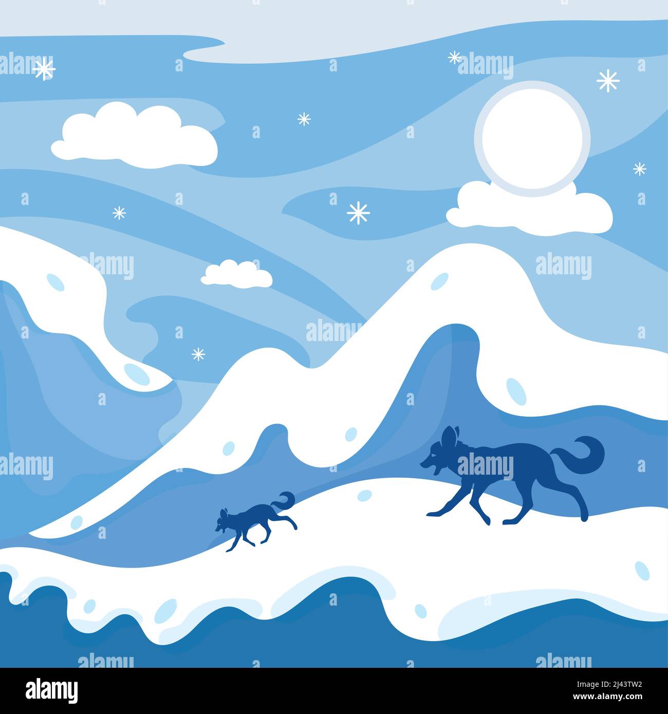 Blue winter landscape with hills and a pack of wolves Vector Stock ...