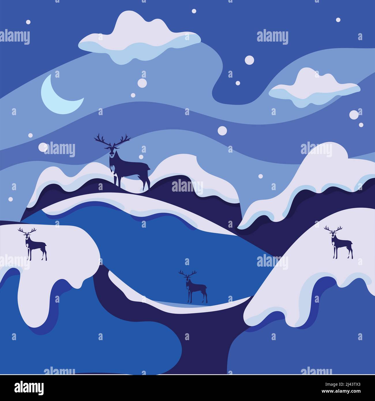Beautiful cold blue winter landscape with hills and reindeers Vector ...
