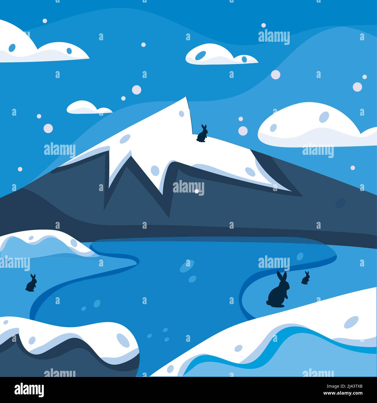 Cold blue winter landscape with a mountain and rabbits Vector Stock ...