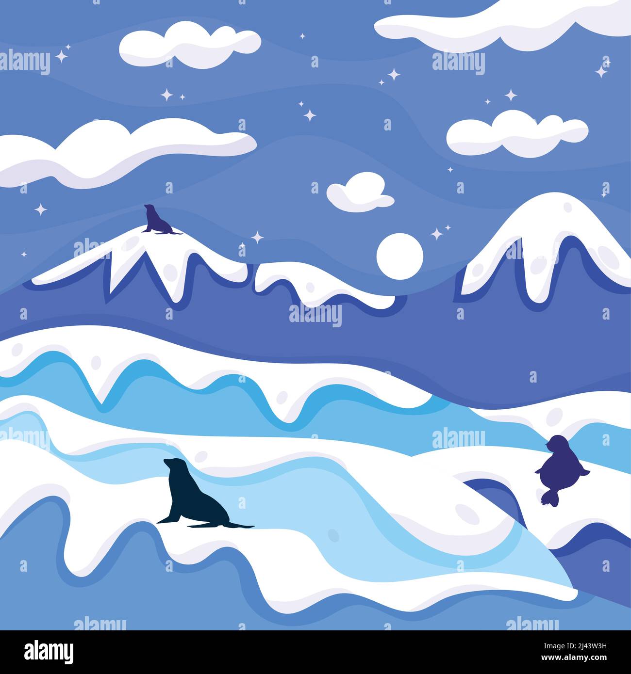 Cold blue winter landscape with hills, seals and walrus animals Vector ...