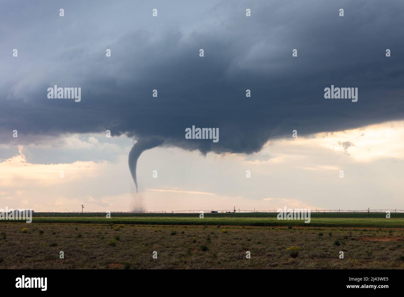 A tornado with storm clouds during a severe weather event near Amherst, Texas, USA Stock Photo