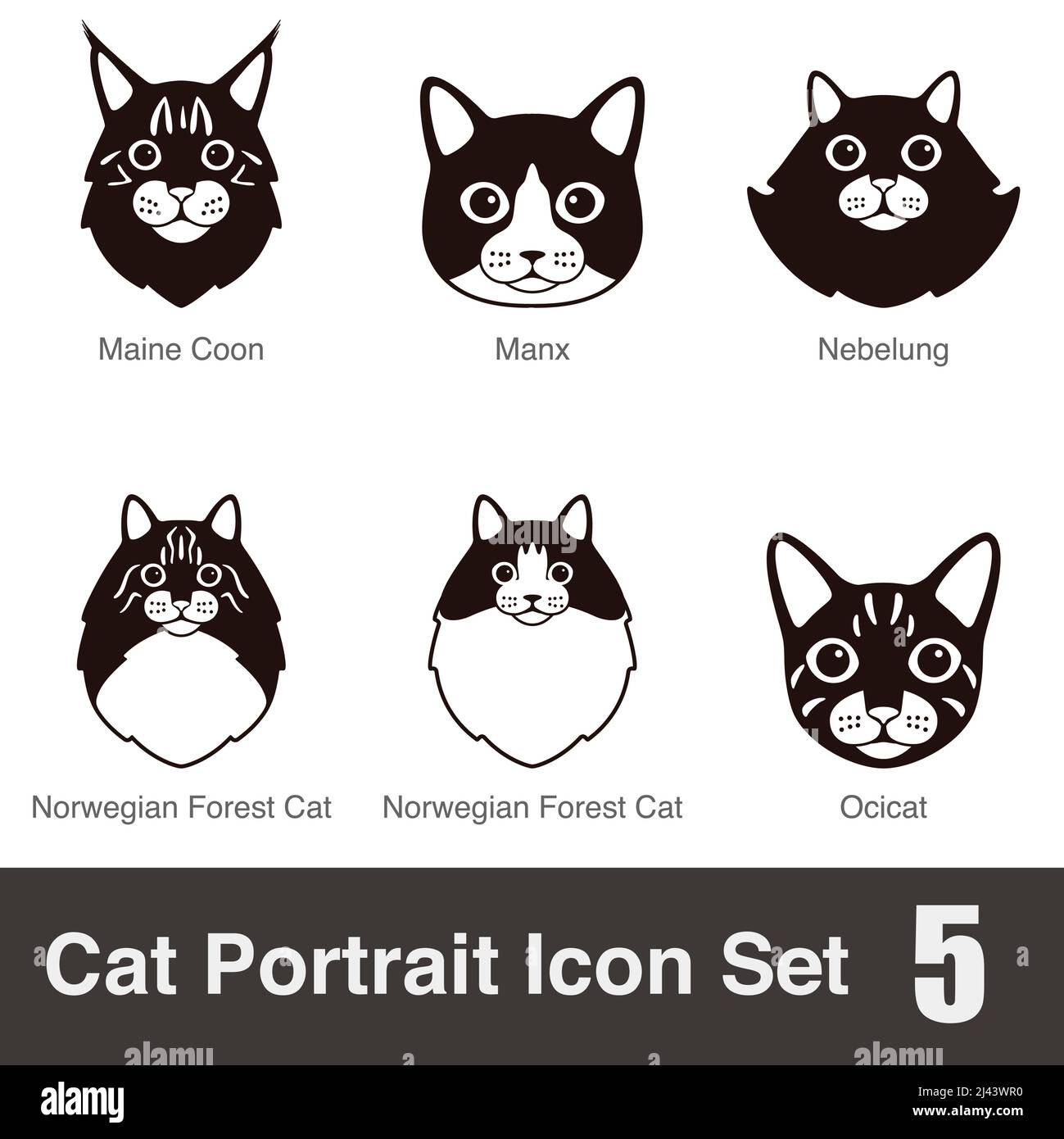 Set Of Cute Cats Icons, Vector Flat Illustrations. Animals Breeds