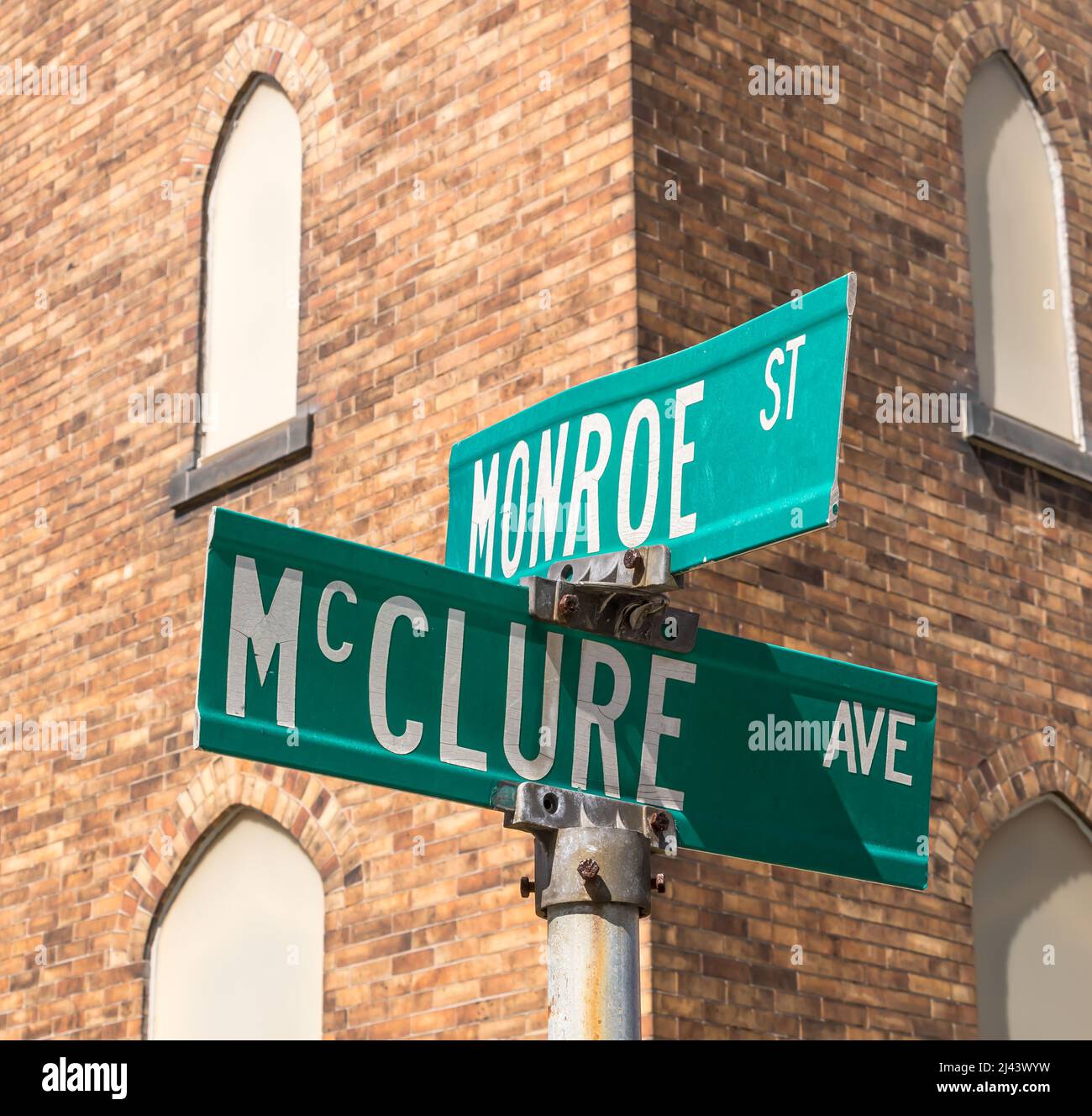 Street signs in Swissvale, Pennsylvania, USA on a sunny spring day