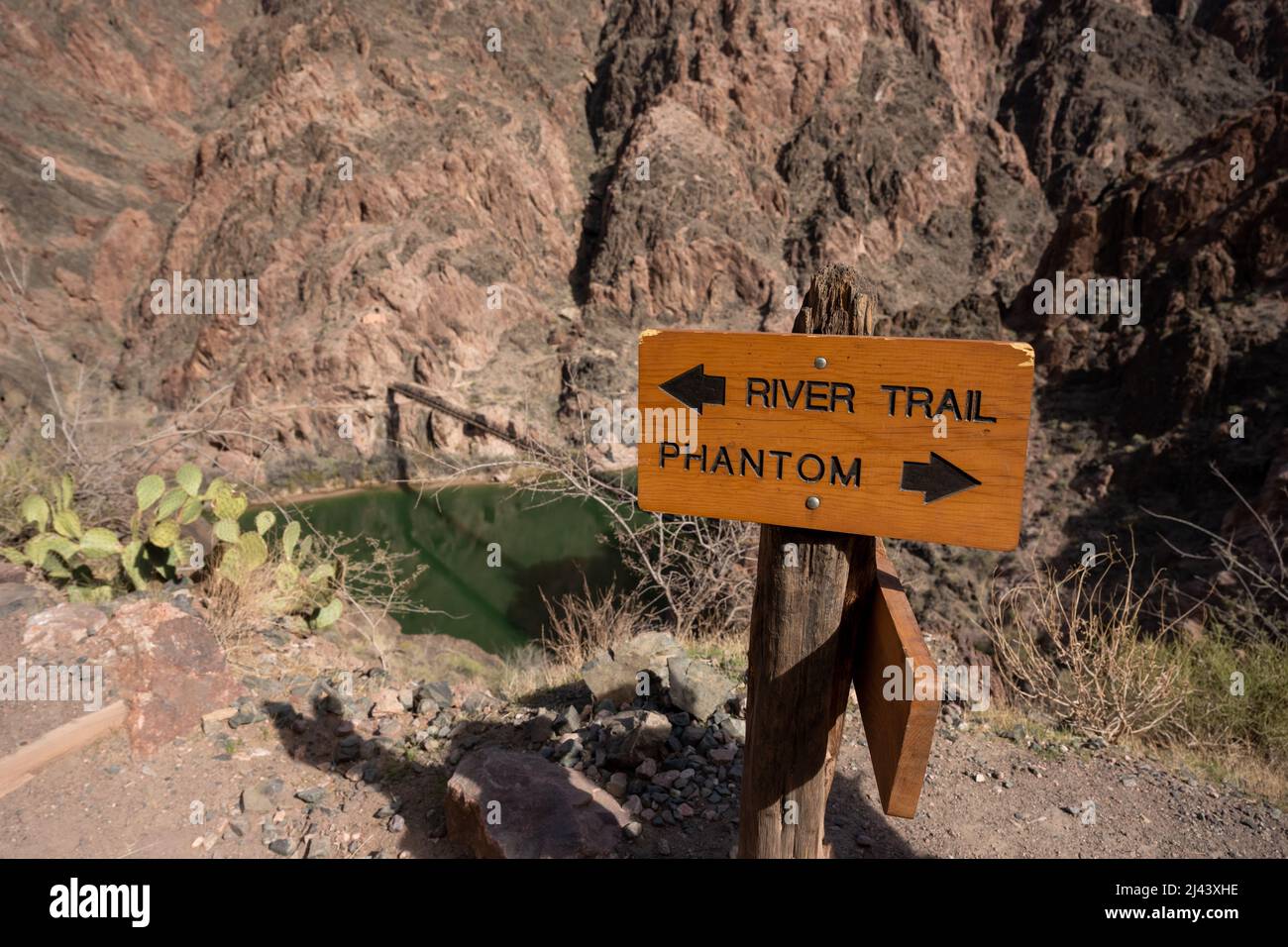 Phantom Ranch and River Trail Intersection Sign in Grand Canyon above the Black Bridge Stock Photo