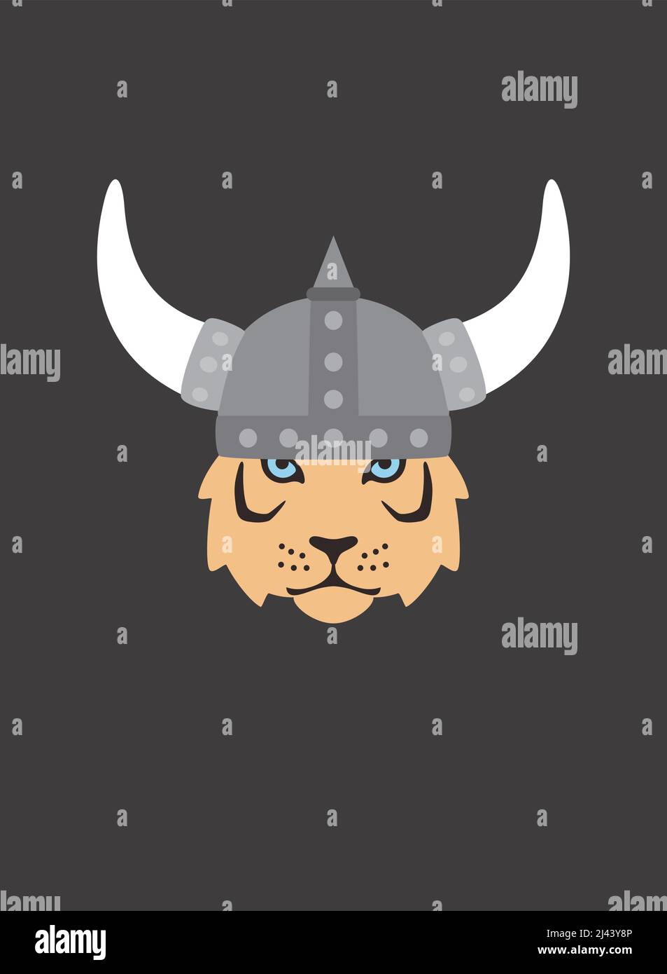 Portrait of tiger, wearing horn helmet, like viking soldier, cool style Stock Vector