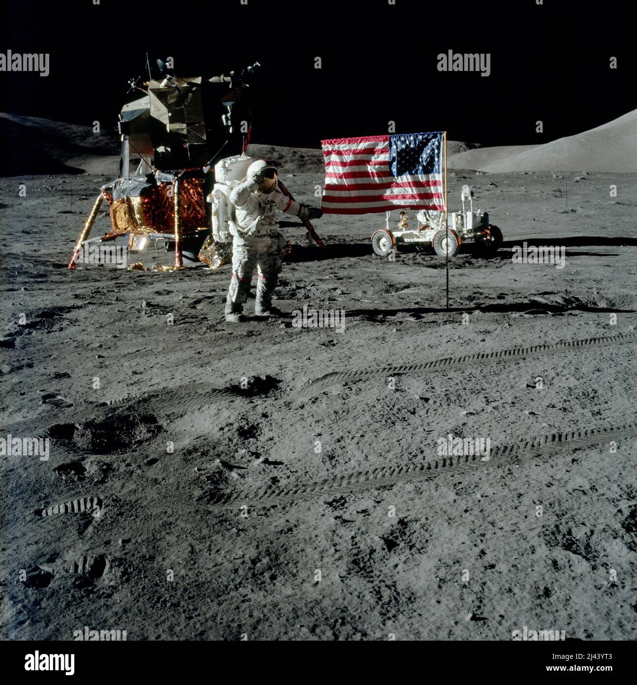 Eugene Cernan on the Moon during the Apollo 17 mission. Stock Photo