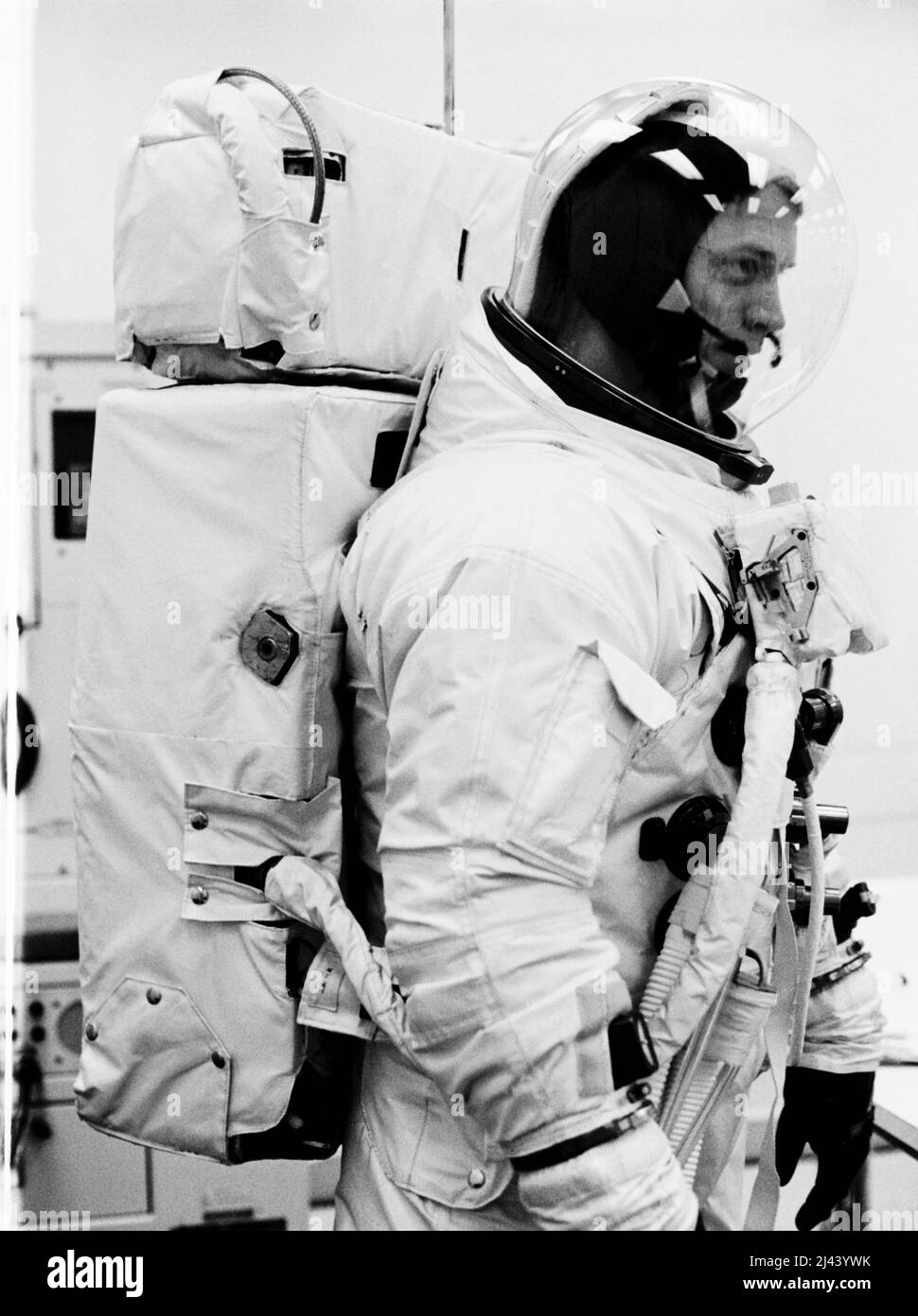Astronaut Russell Schweickart, lunar module pilot of the Apollo 9 prime crew, wears the Extravehicular Mobility Unit (EMU) which he uses during his scheduled Apollo 9 extravehicular activity (spacewalk) Stock Photo