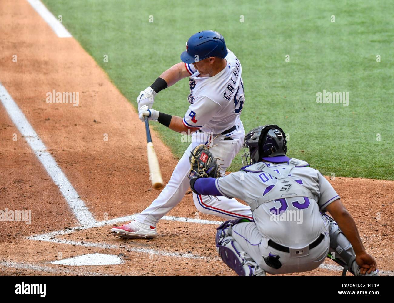 Apr 11, 2022: Texas Rangers right fielder Kole Calhoun #56 flies out in the  bottom of the second inning during an Opening Day MLB game between the  Colorado Rockies and the Texas