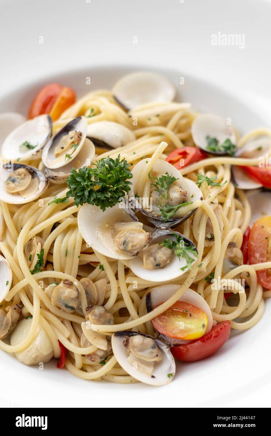 Spaghetti alle Vongole traditional italian seafood pasta with fresh clams Stock Photo