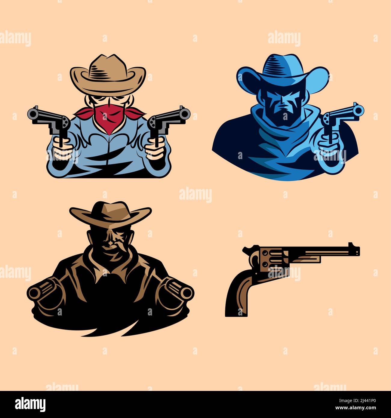 four gunslinger wild west set icons Stock Vector