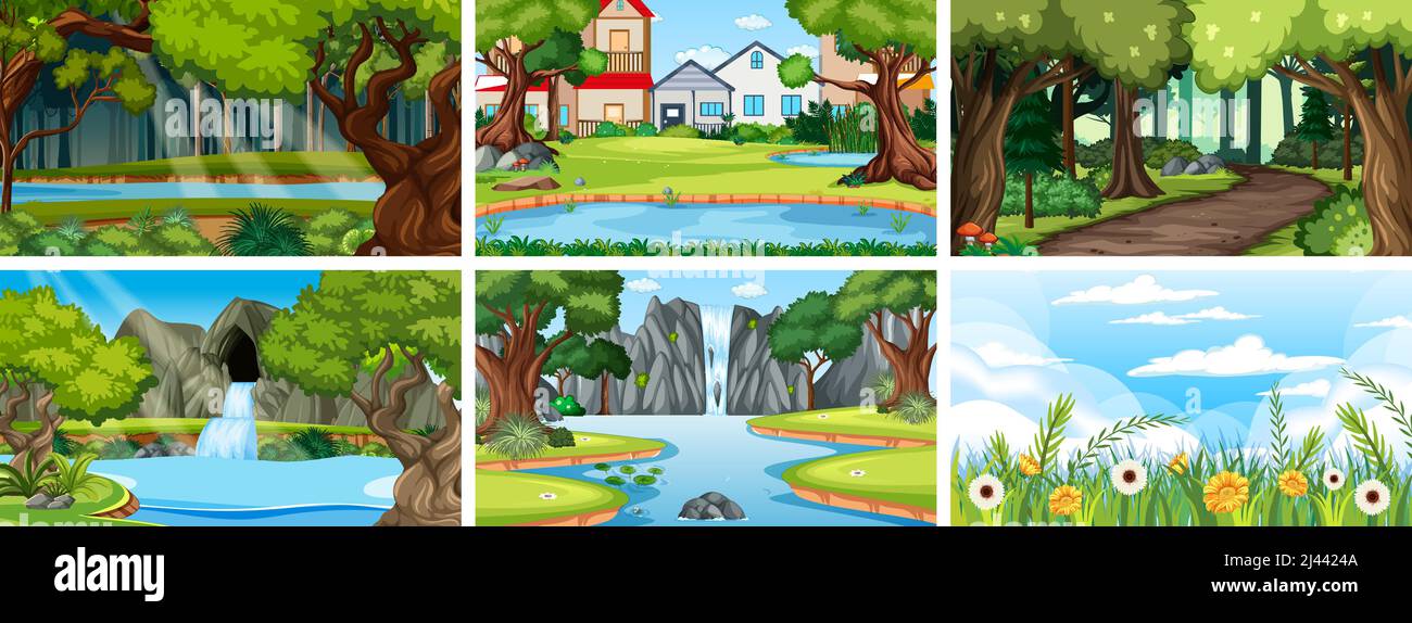 Nature scene with many trees and river illustration Stock Vector Image ...