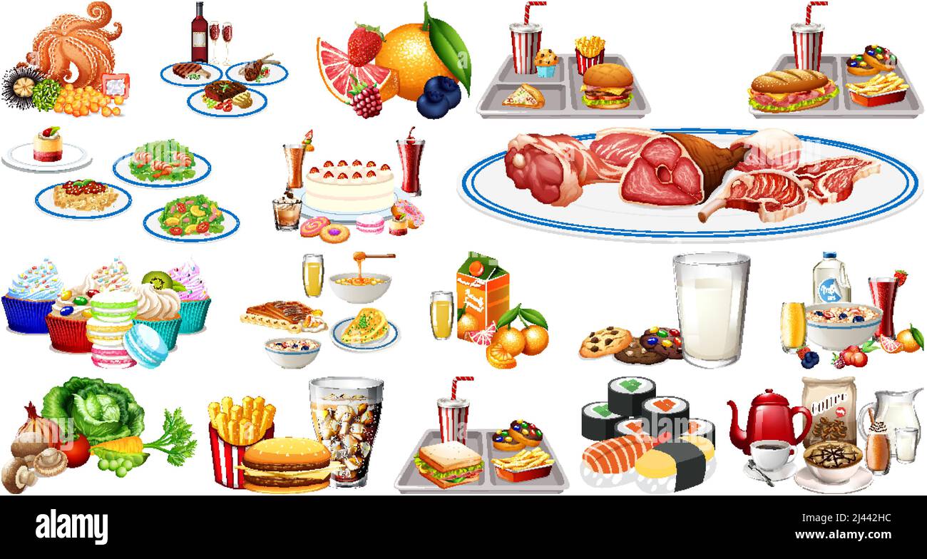 Foods and beverages set illustration Stock Vector Image & Art - Alamy