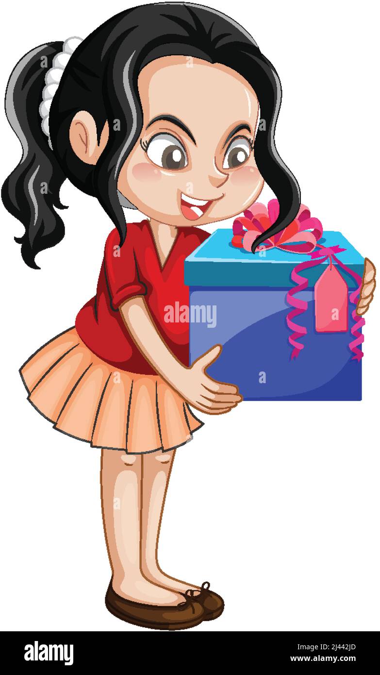 A girl holding a gift box cartoon character on white background