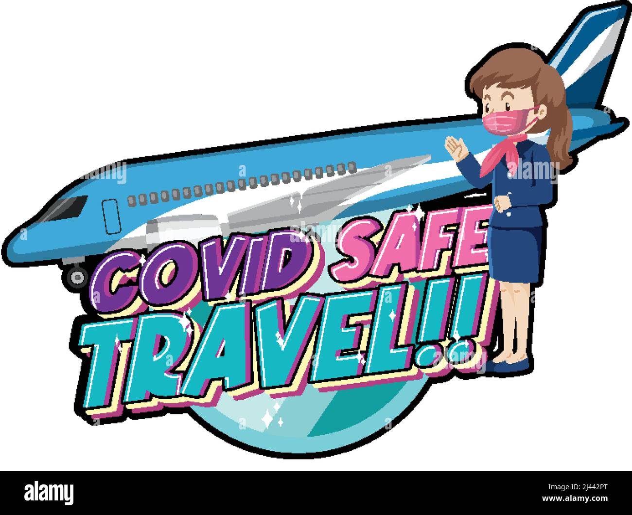 Covid Safe Travel typography design with a flight attendant