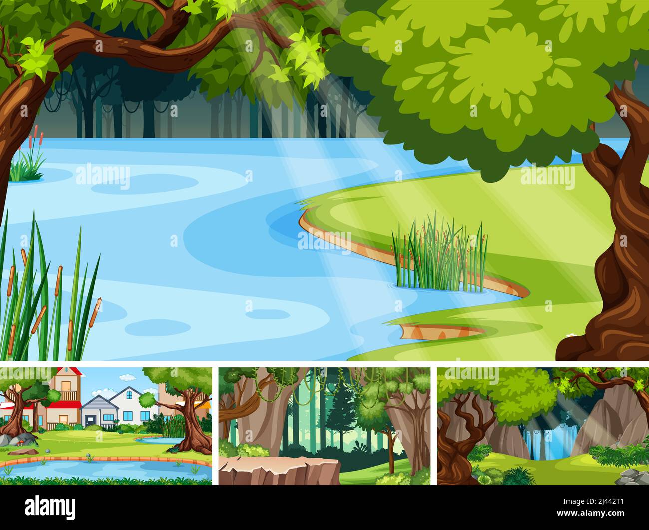 Nature scene with many trees and pond illustration Stock Vector Image ...