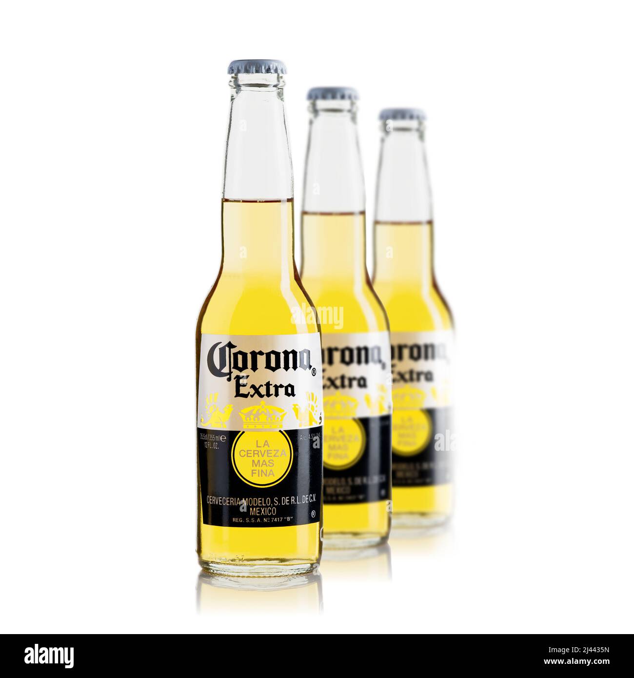 Tallinn, Estonia - March, 2022: Corona Extra beer isolated on white, produced by in Mexico. Stock Photo