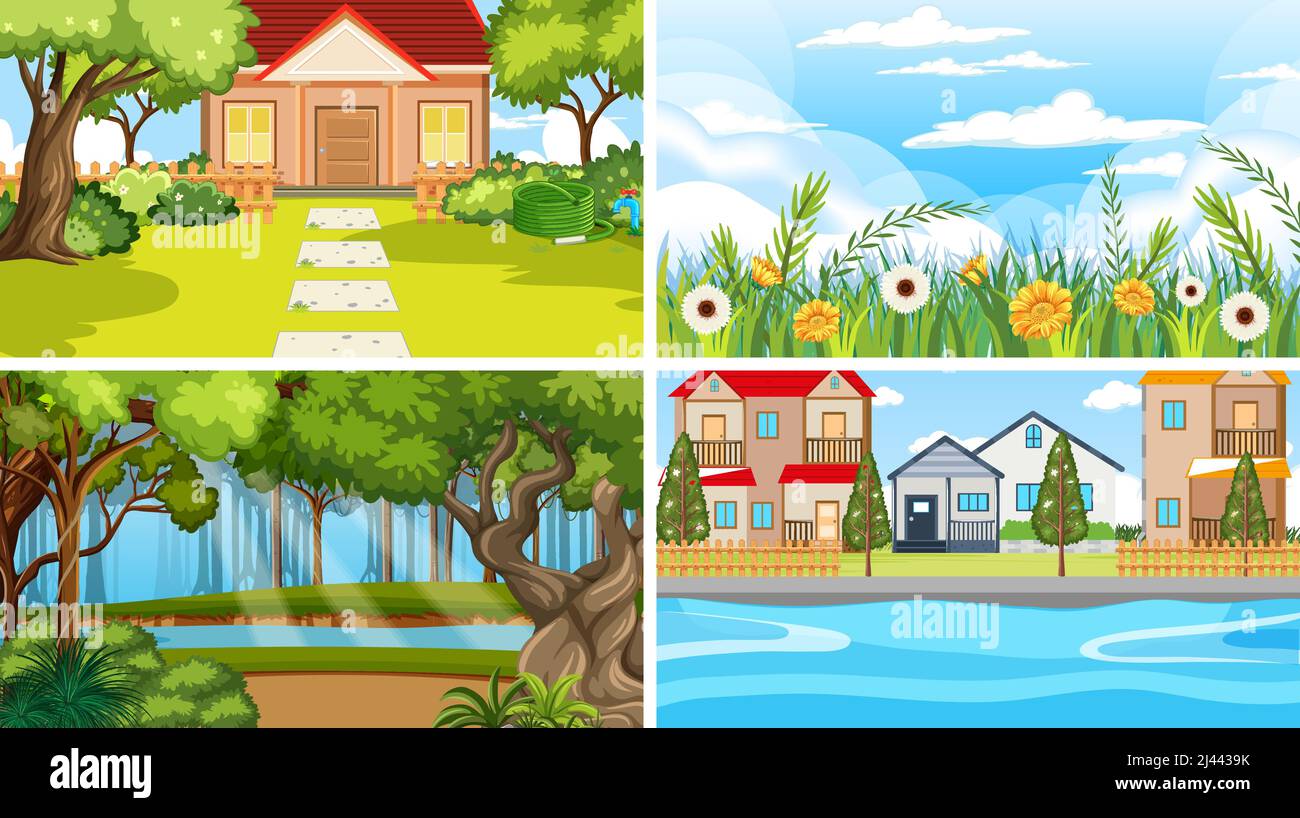 Nature scene with many trees and river illustration Stock Vector Image ...
