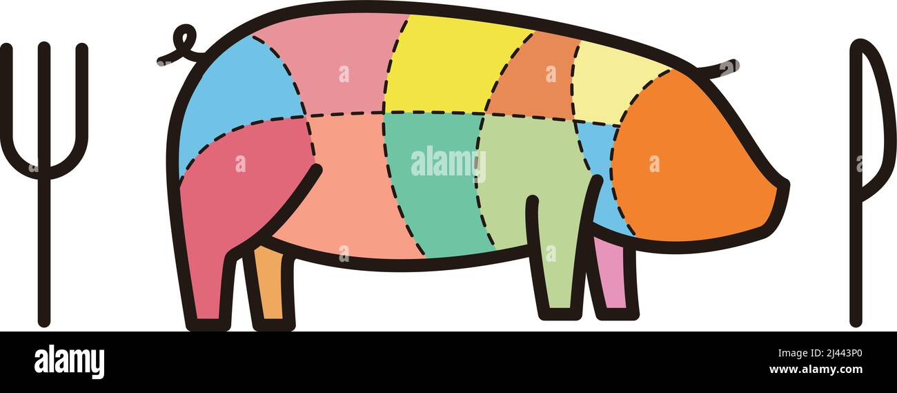 Pig meat cuts. butcher cuts diagram. Scheme of pork Stock Vector