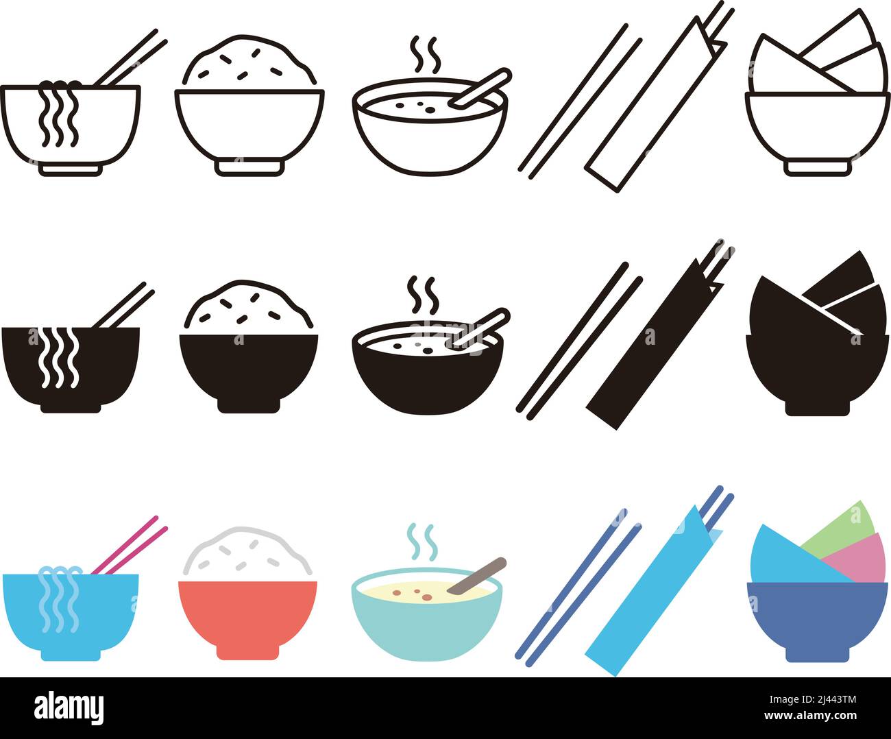 Bowl, rice, chopsticks and noodle icons, vector illustration Stock Vector