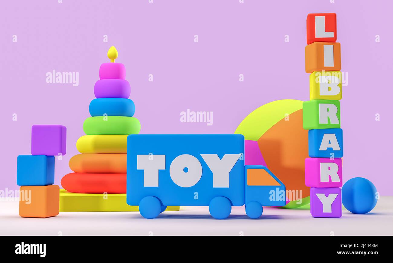 Toy Library, on toy blocks and truck with stacker and balls, community sharing of toys,  3D illustration Stock Photo