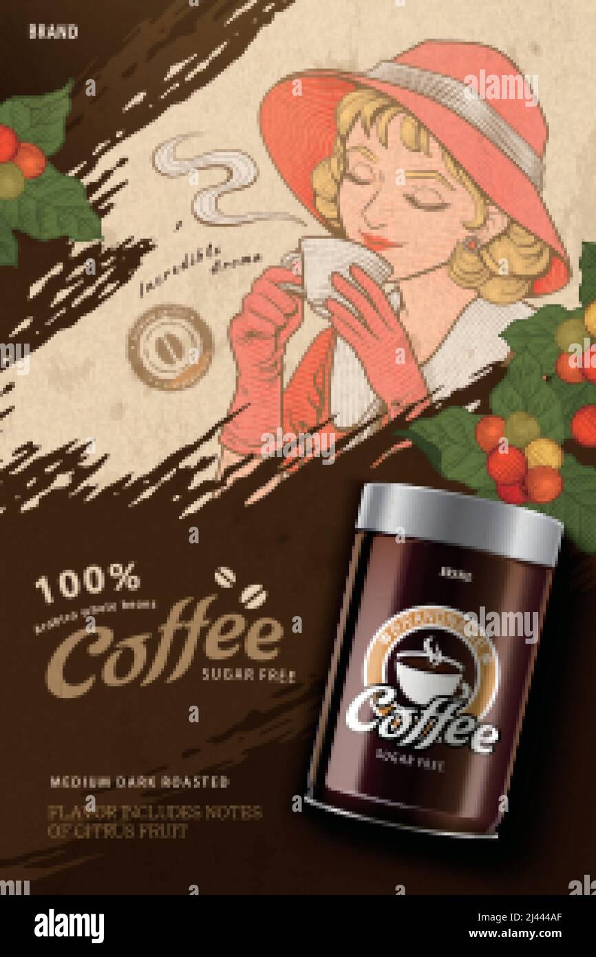 Canned coffee beans poster ad. Illustration of an engraved 1920s young woman smelling the aroma of a cup of hot coffee and showcase a 3D canned coffee Stock Vector
