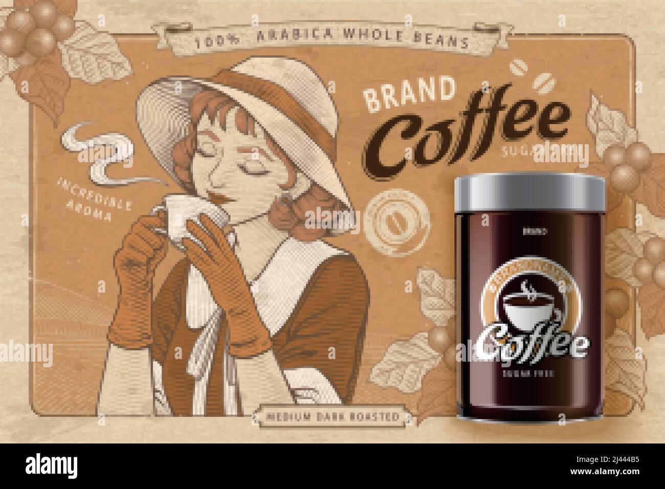 Canned coffee beans banner ad. Illustration of an engraved 1920s lady tasting coffee with a 3D canned coffee bean package on brown coffee farm backgro Stock Vector