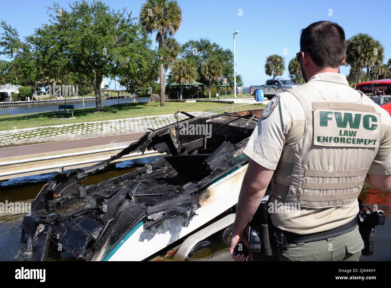 Melbourne, Brevard County, Florida. USA. April 11, 2022. A boat owner