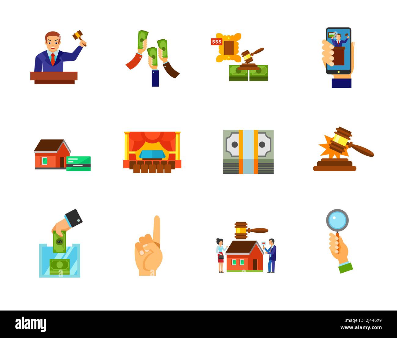 Auction icon set. Auctioneer Raising money Lot Internet auction Interior Sold sound Building auction Bidder hand. Contains bonus icons of Mortgage Dol Stock Vector