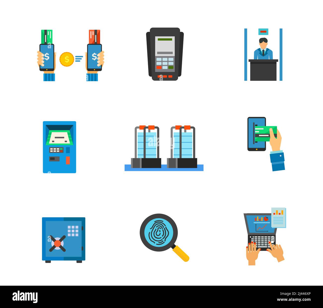 Banking service icon set. Mobile banking Dataphone Bank clerk Automated teller machine E-payment Safe protection Financial analysis. Contains bonus ic Stock Vector