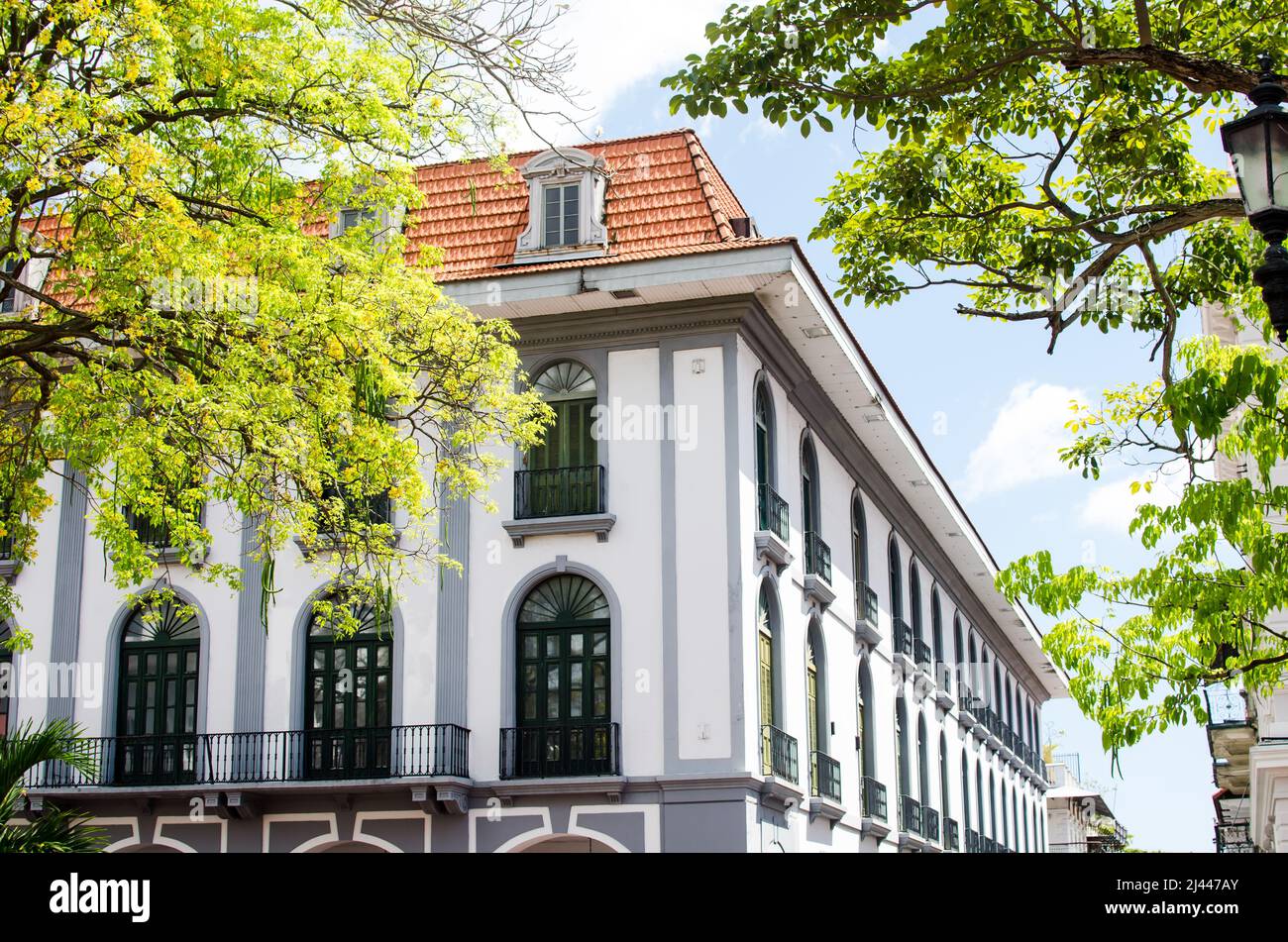 Facade of Panama Canal Museum located in the Old Town of Panama City Stock Photo