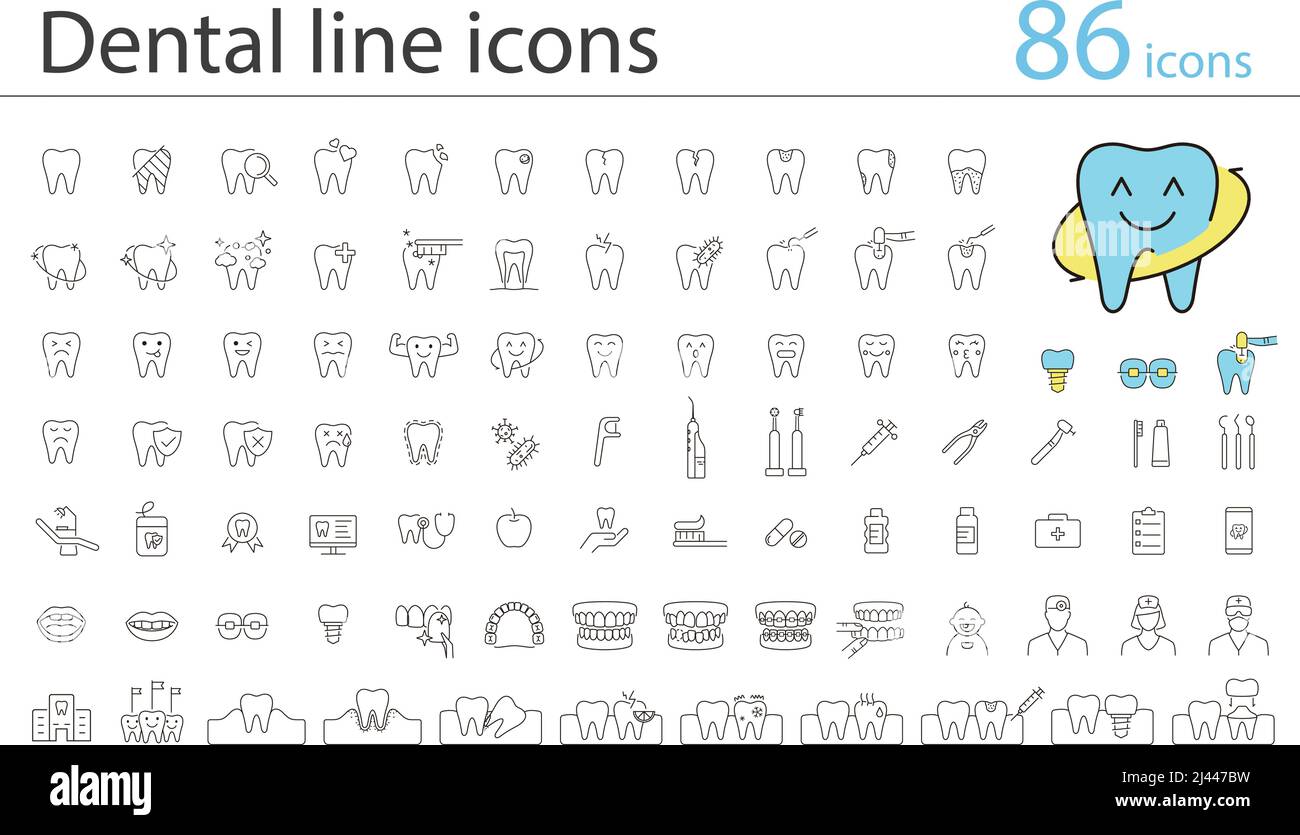 Dental clinic and dental care element line icons Stock Vector Image ...